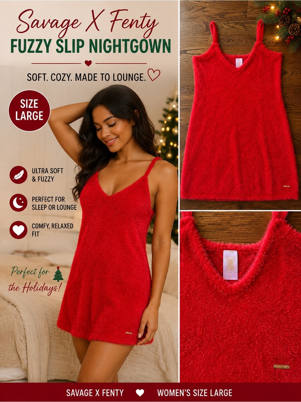 Savage X Fenty Red Fuzzy Slip Nightgown Sleepwear Women’s Size Large